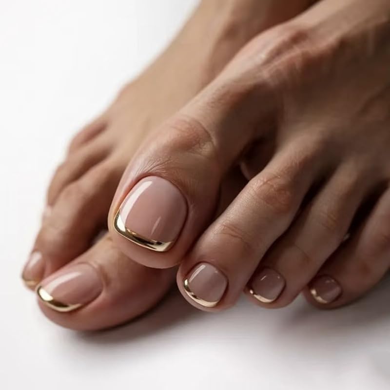 SHIQIXIANNV front packaging showing 24 nude gold French toe nails for quick pedicure