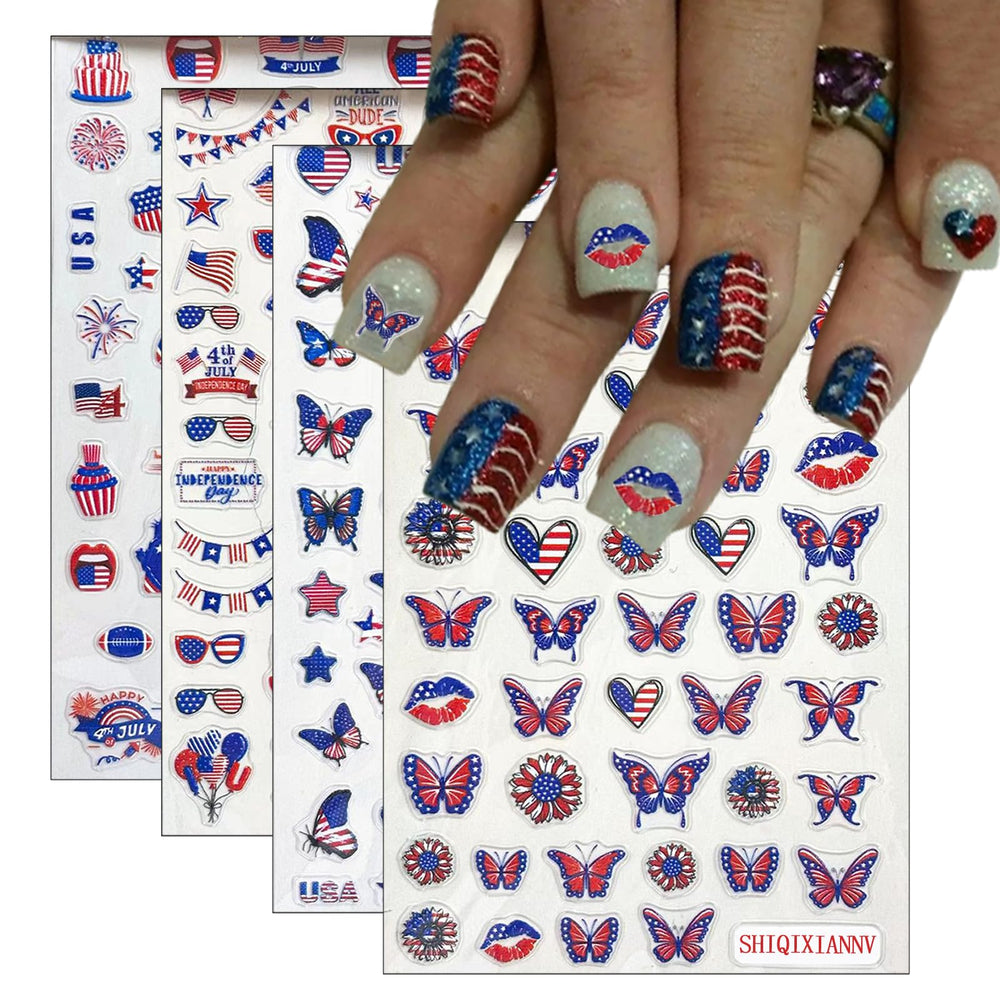 SHIQIXIANNV front packaging showing four patriotic nail sticker sheets and contents