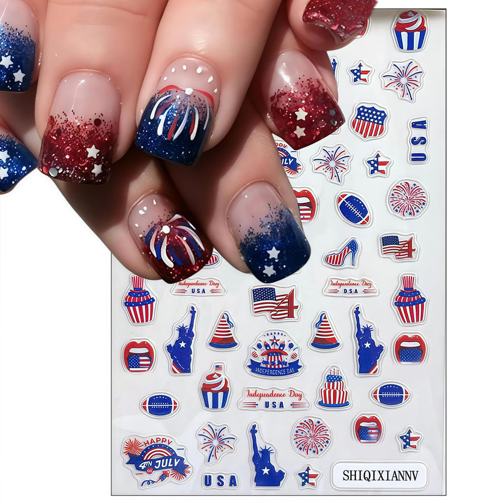SHIQIXIANNV woman applying a self-adhesive patriotic sticker for fast manicure