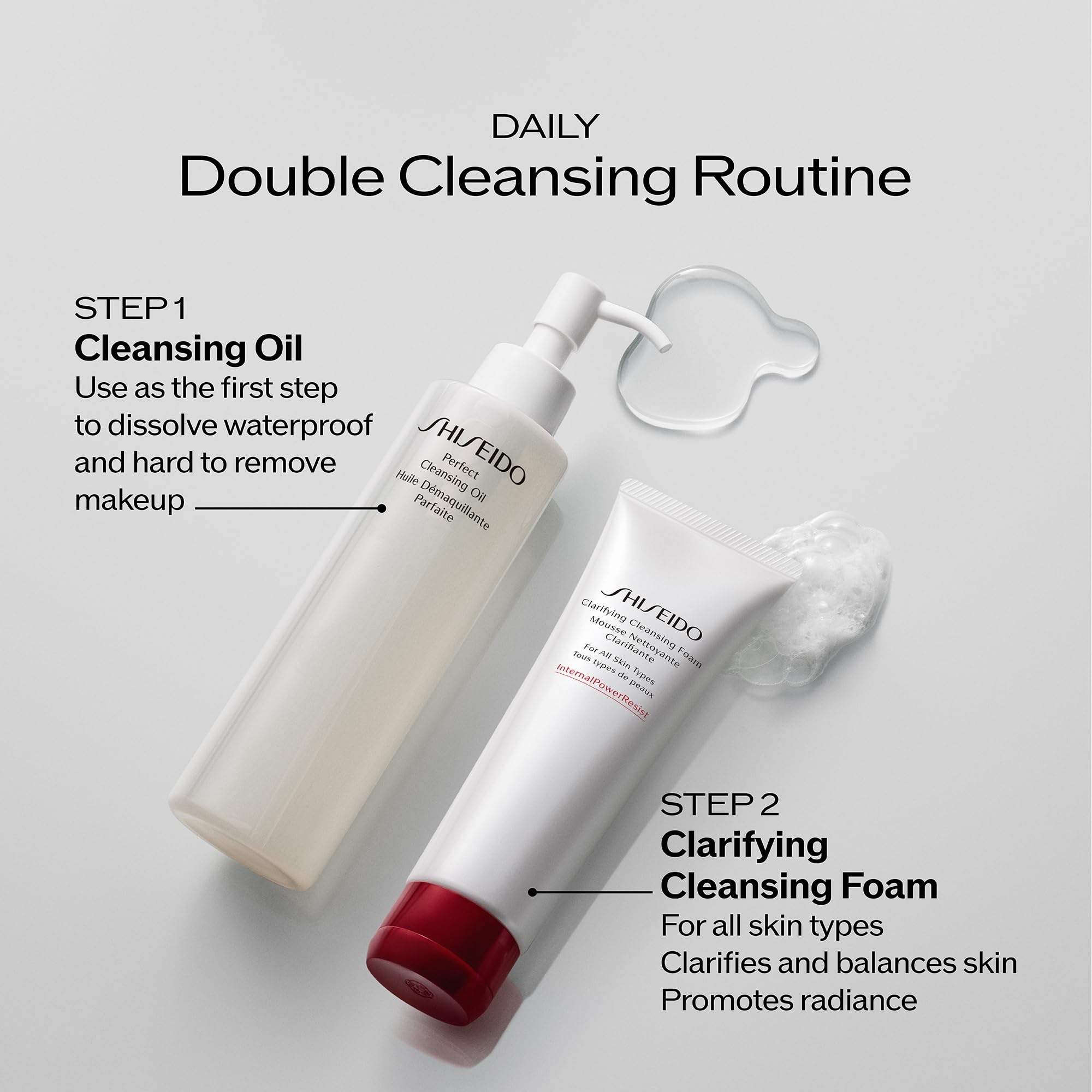 Shiseido cleanser on bathroom vanity conveying daily routine ease