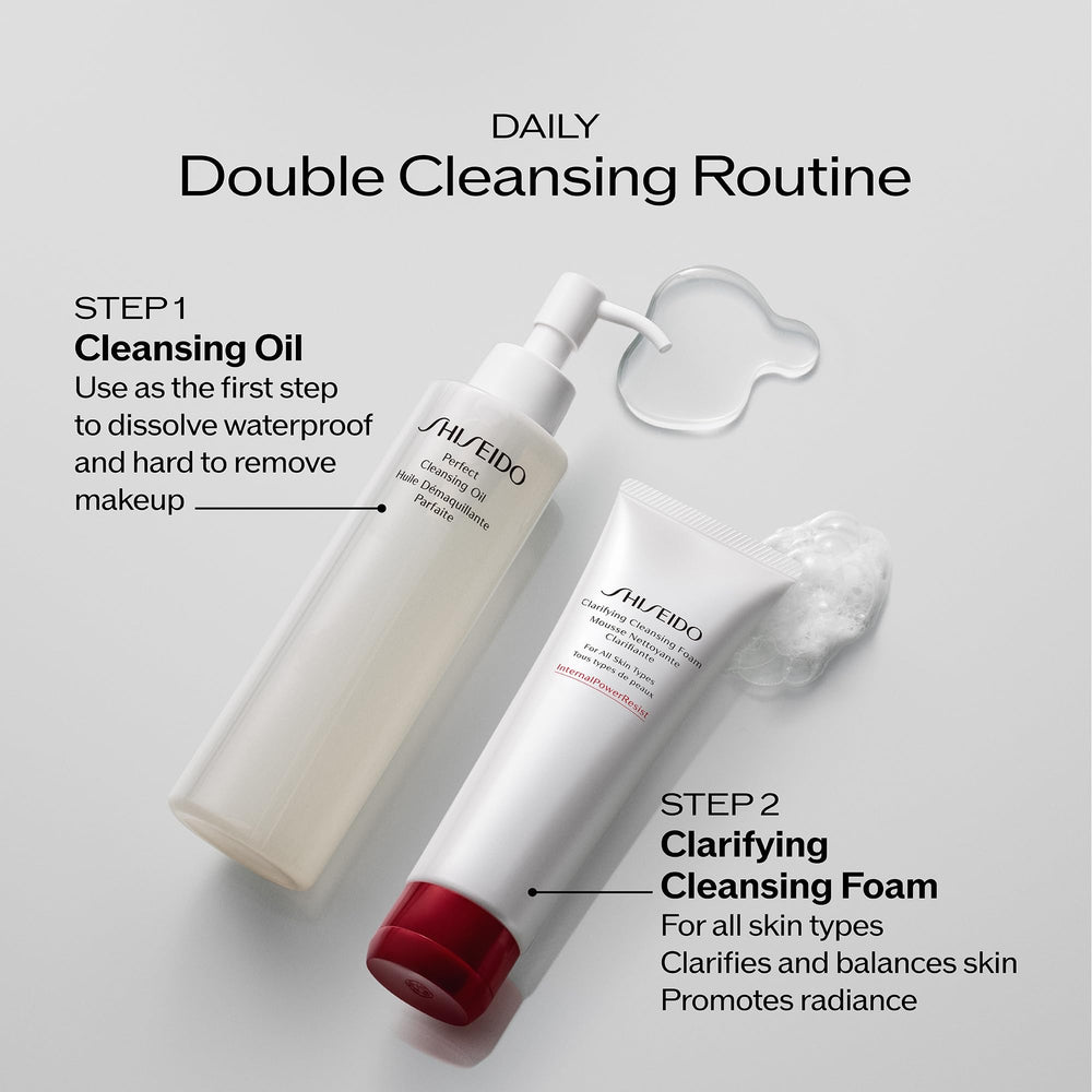 Shiseido cleanser on bathroom vanity conveying daily routine ease