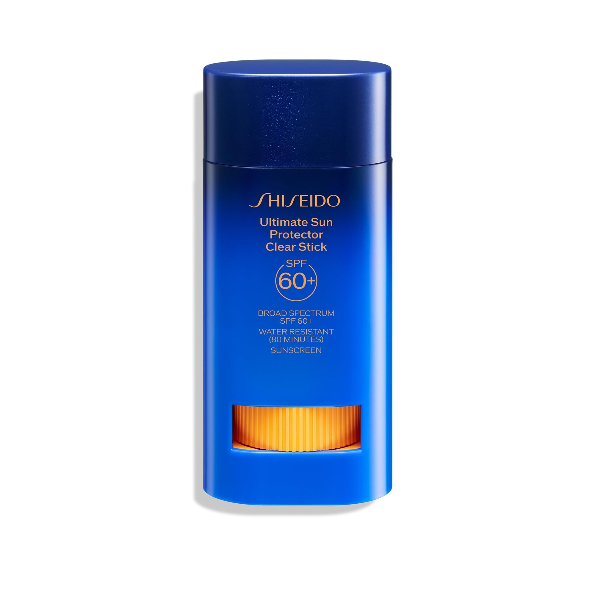 Shiseido clear stick front packaging showing compact portable design and visible SPF benefit