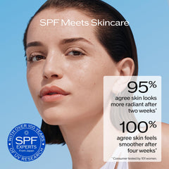Shiseido clear stick applied over makeup illustrating no-pilling, cosmetic-friendly benefit