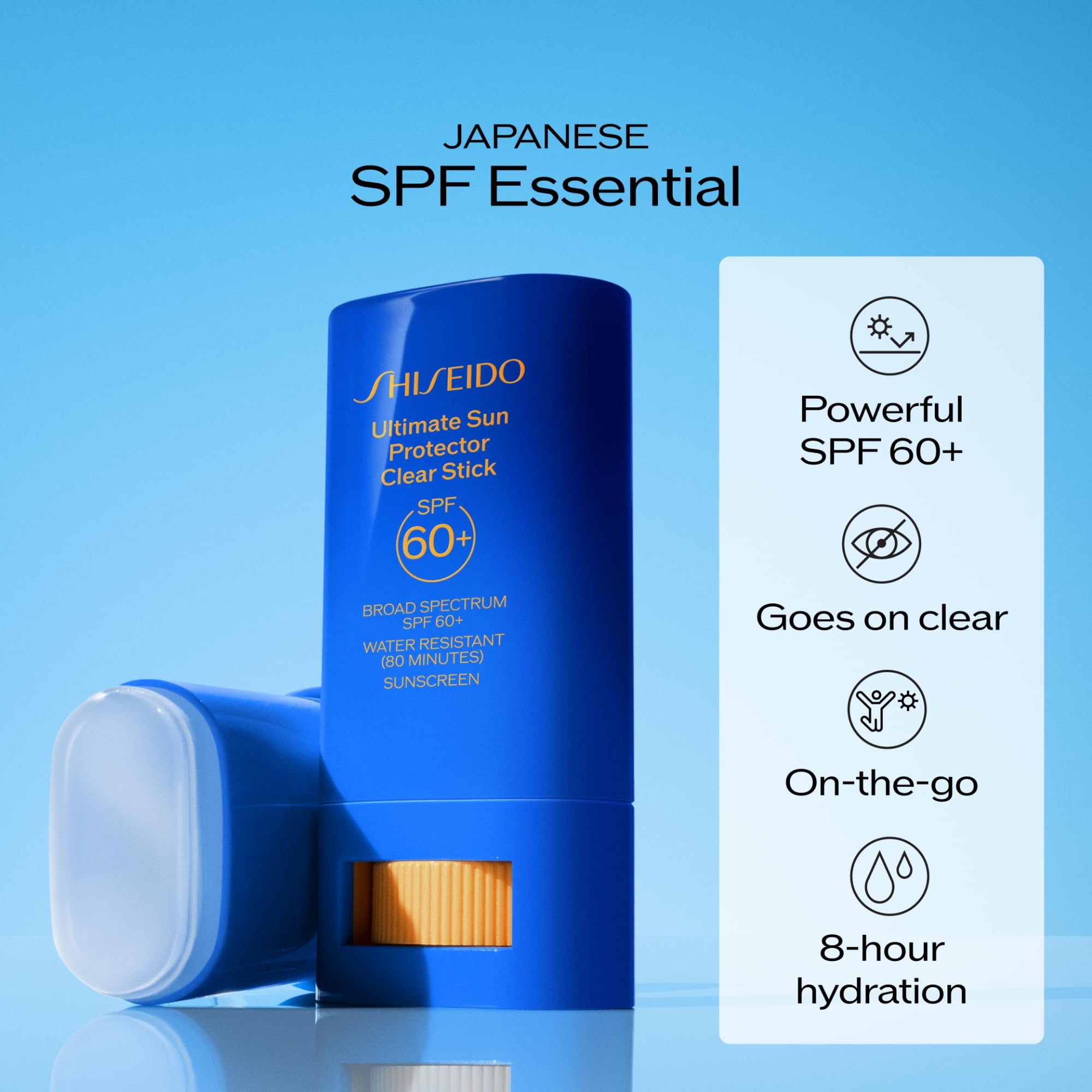 Shiseido clear stick close-up texture demonstrating weightless, invisible finish benefit