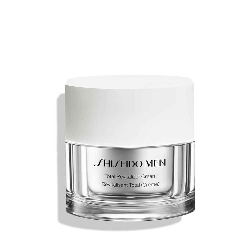 Shiseido Men Total Revitalizer Cream front jar showing brand and size, enhances routine