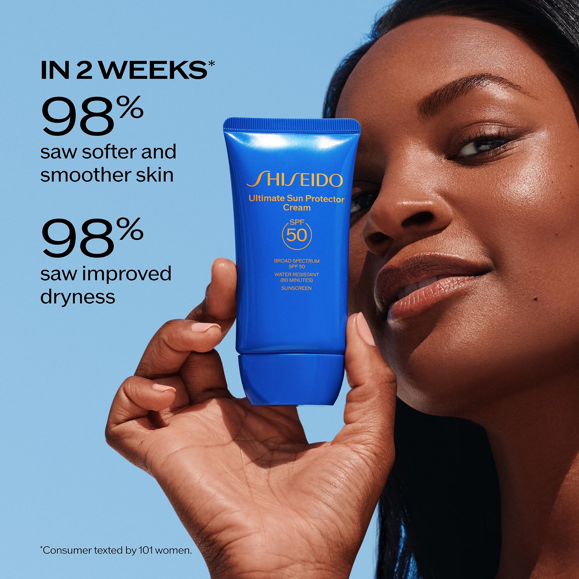 Shiseido applied to face demonstrating even coverage and glow