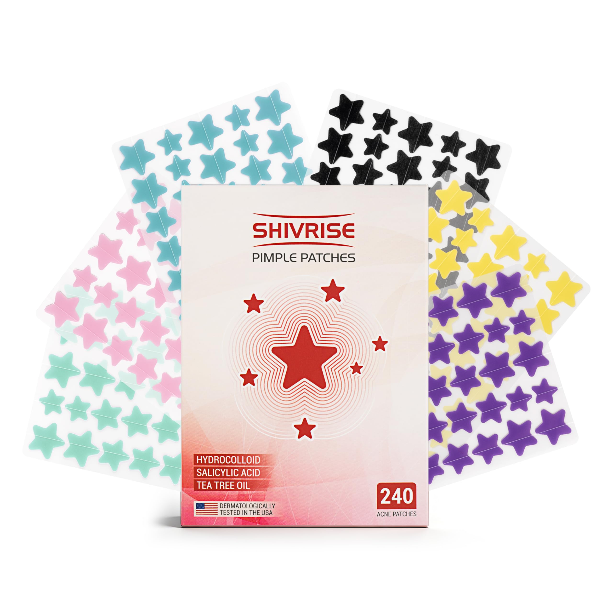 SHIVRISE front packaging showing 240 star pimple patches and benefits