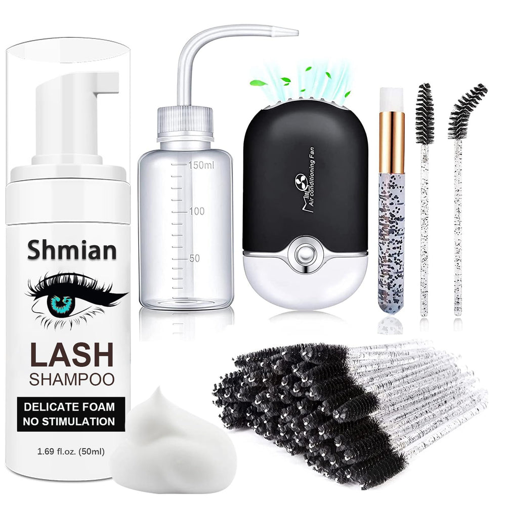 Shmian front packaging showing complete lash shampoo kit and convenience