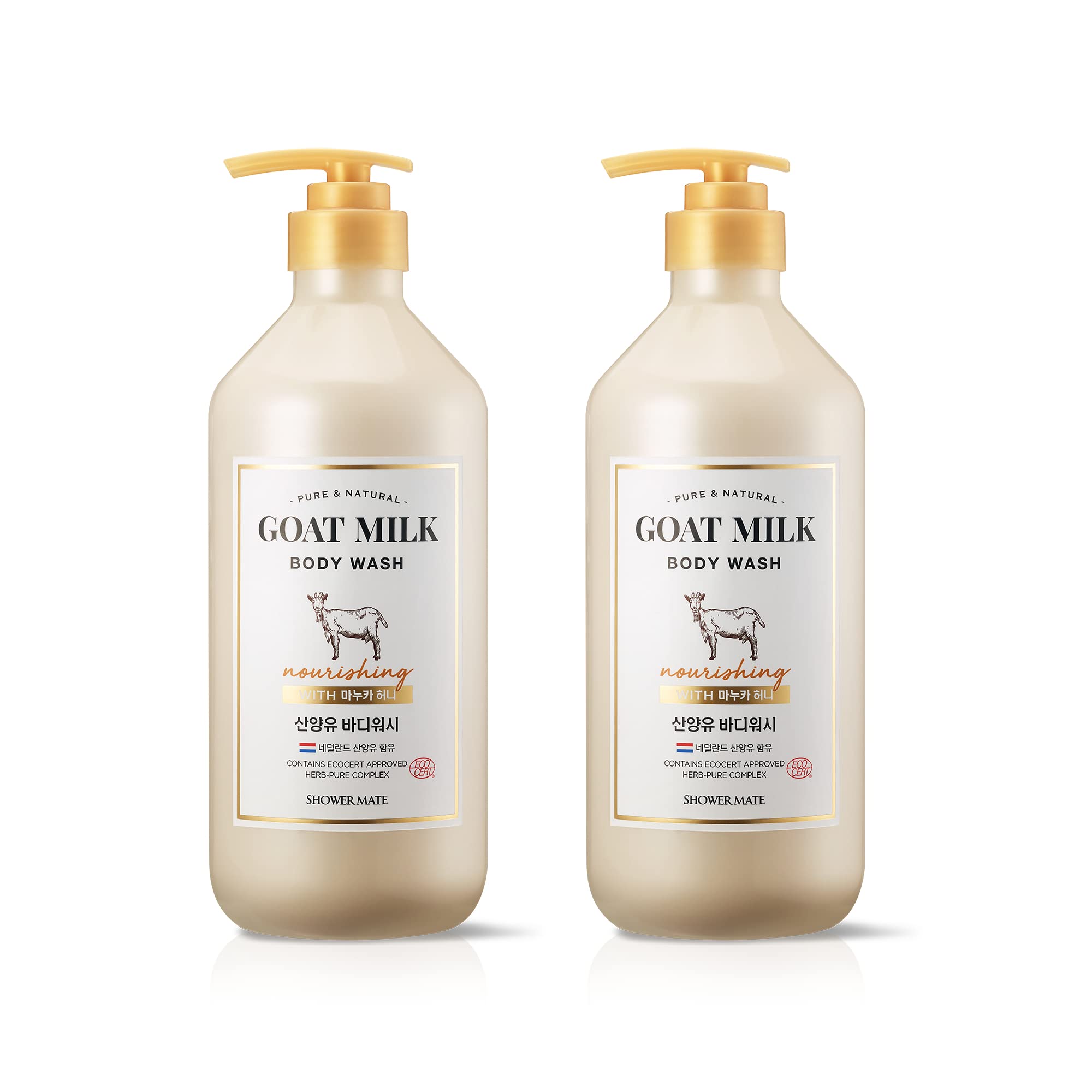 SHOWERMATE front view of two 27 oz bottles showing packaging and size benefits