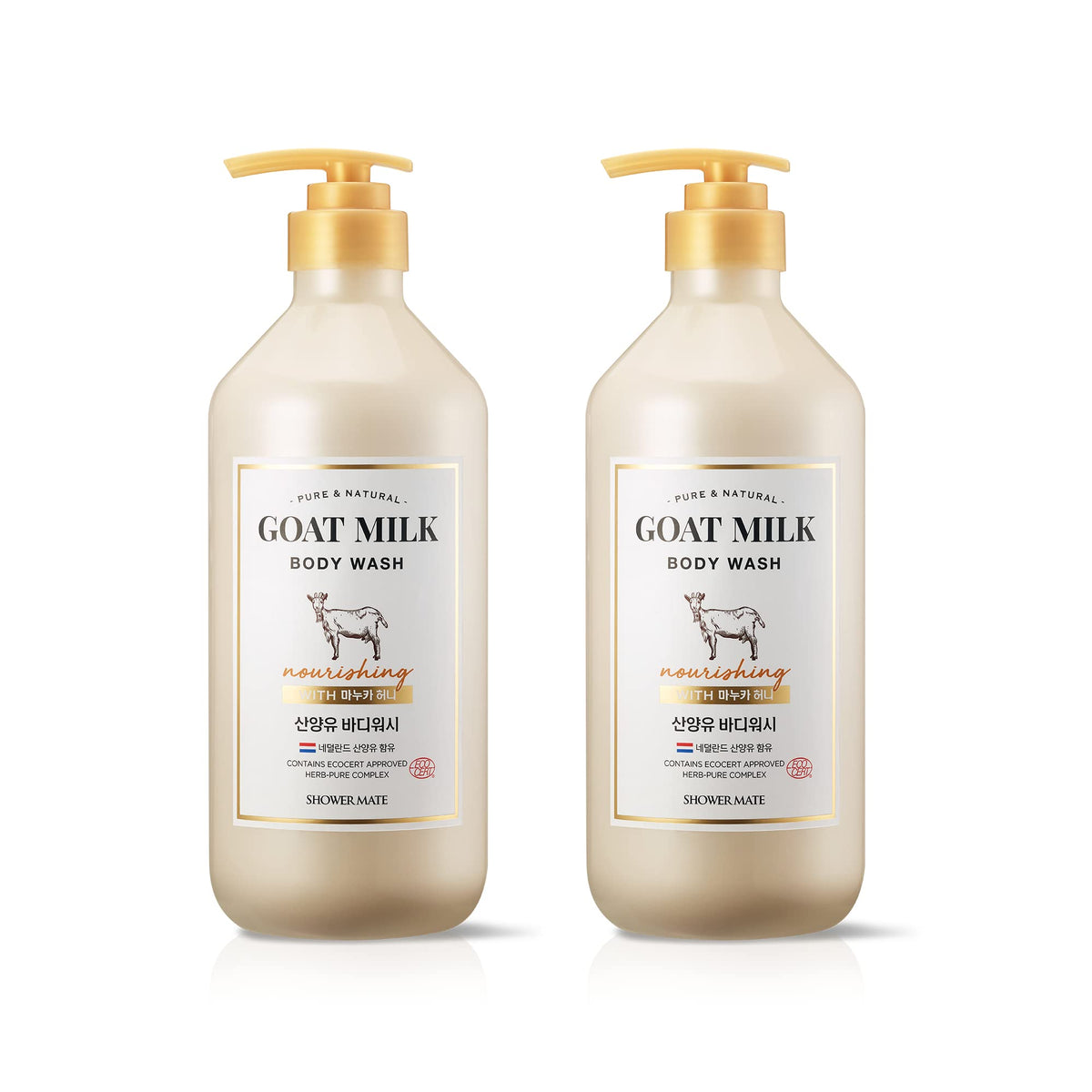 SHOWERMATE front view of two 27 oz bottles showing packaging and size benefits