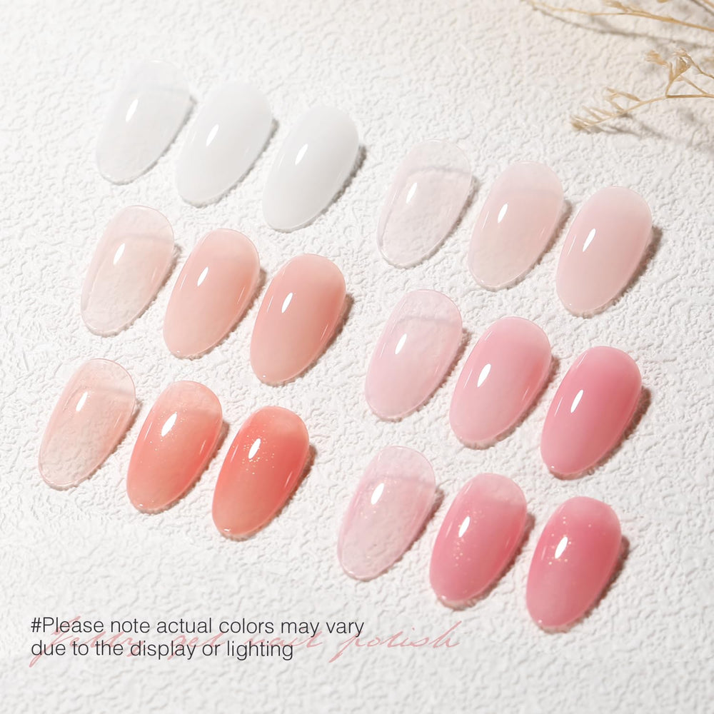 SHOYUM color swatch panel displaying six sheer nude-pink tones