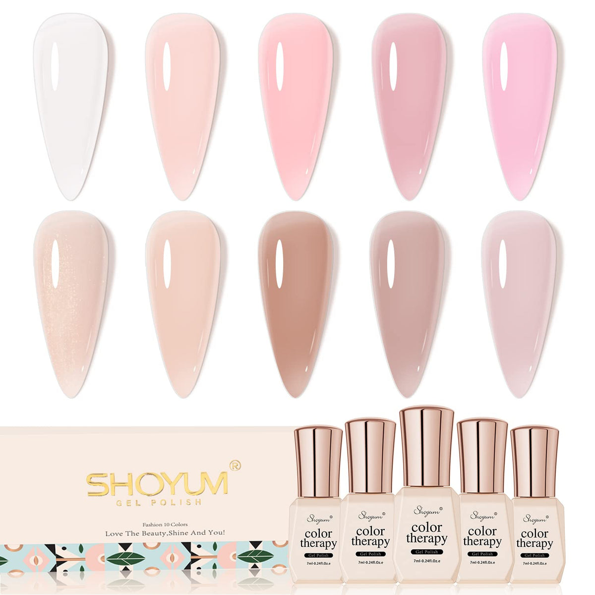 SHOYUM front packaging of 10-piece nude gel set showing color range and compact box benefit