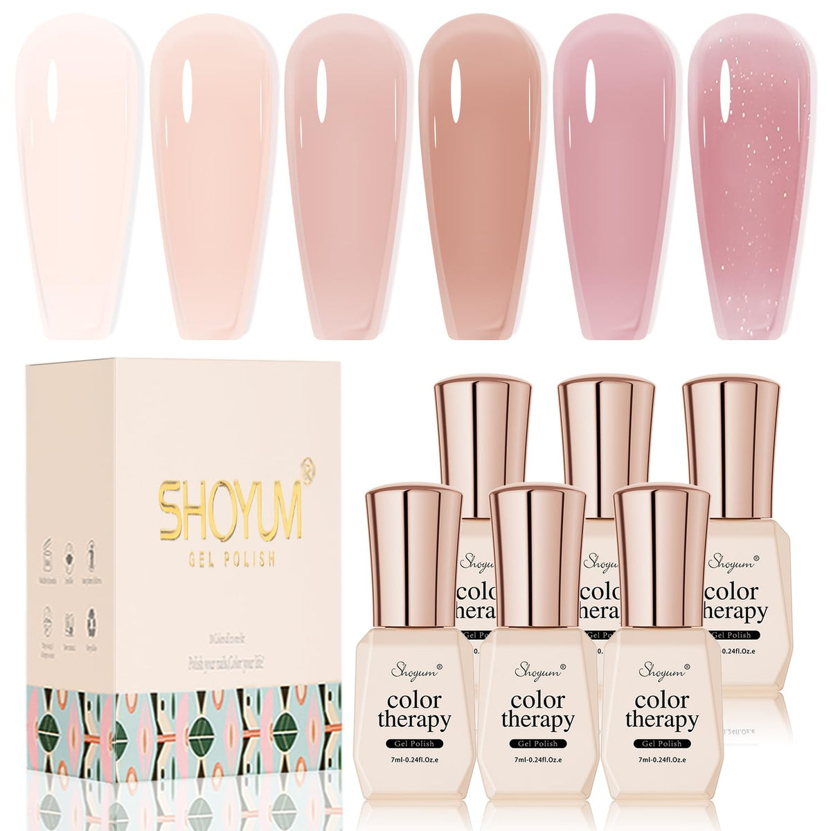 SHOYUM front packaging showing six jelly nude bottles and gift box, clear presentation benefit