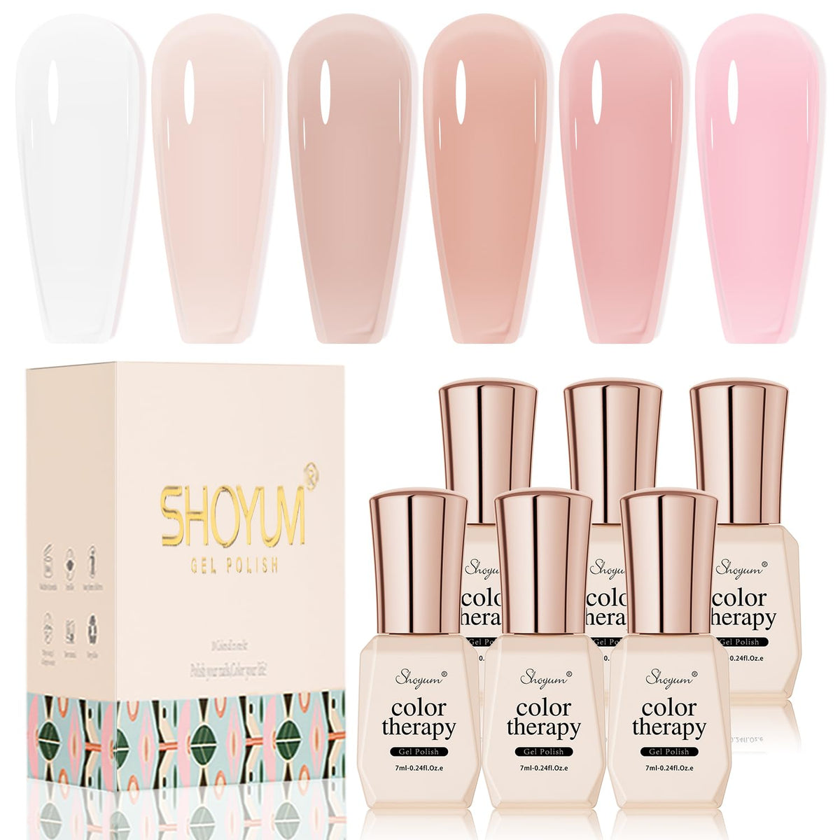 SHOYUM front packaging showing six nude pink jelly gels, offers versatile neutral colors