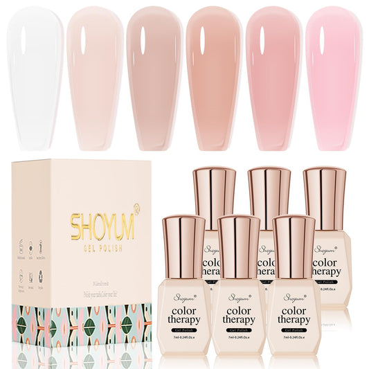 SHOYUM front packaging showing six nude pink jelly gels, offers versatile neutral colors