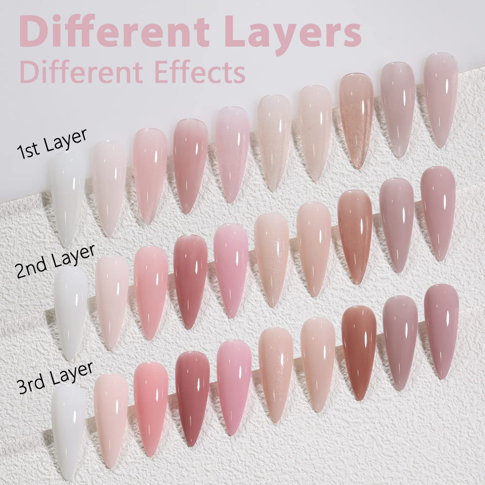 SHOYUM nail tip wheel swatches demonstrating buildable opacity and shade options