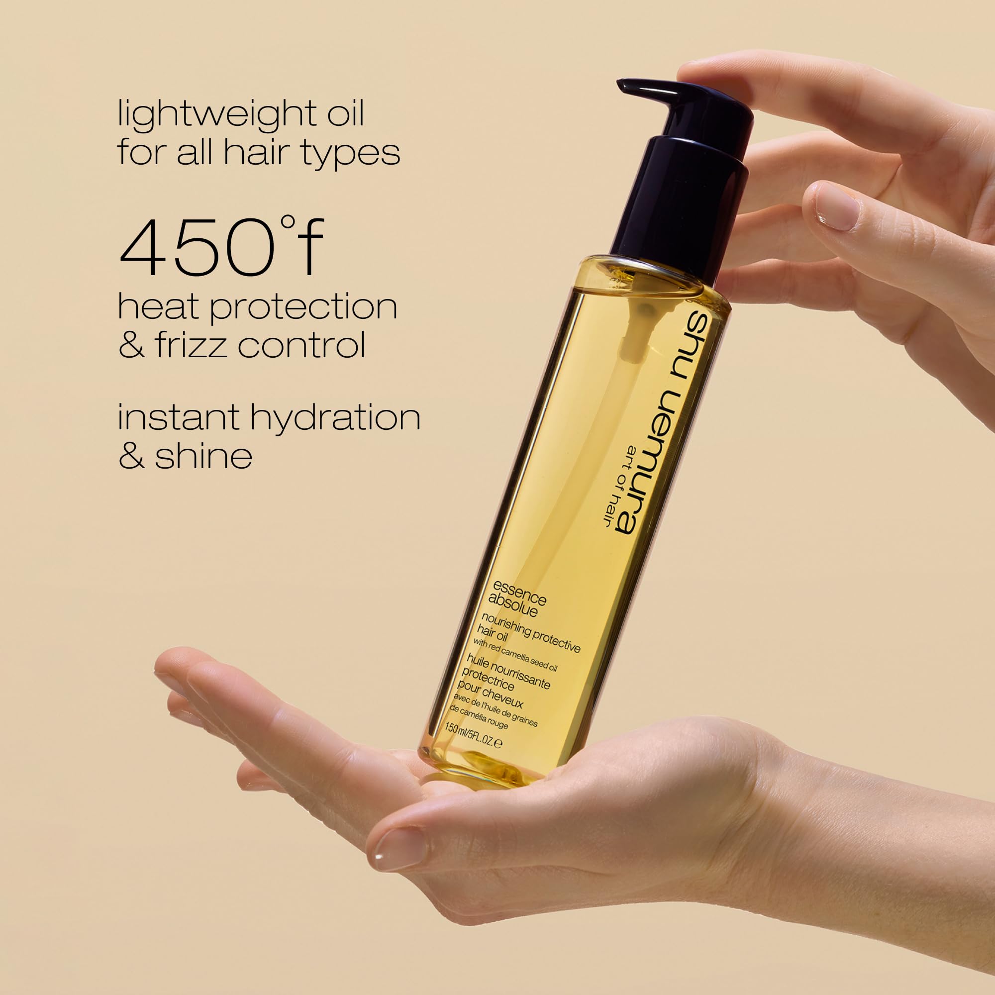 shu uemura in-hand palm application demonstrating small dose use for non-greasy finish