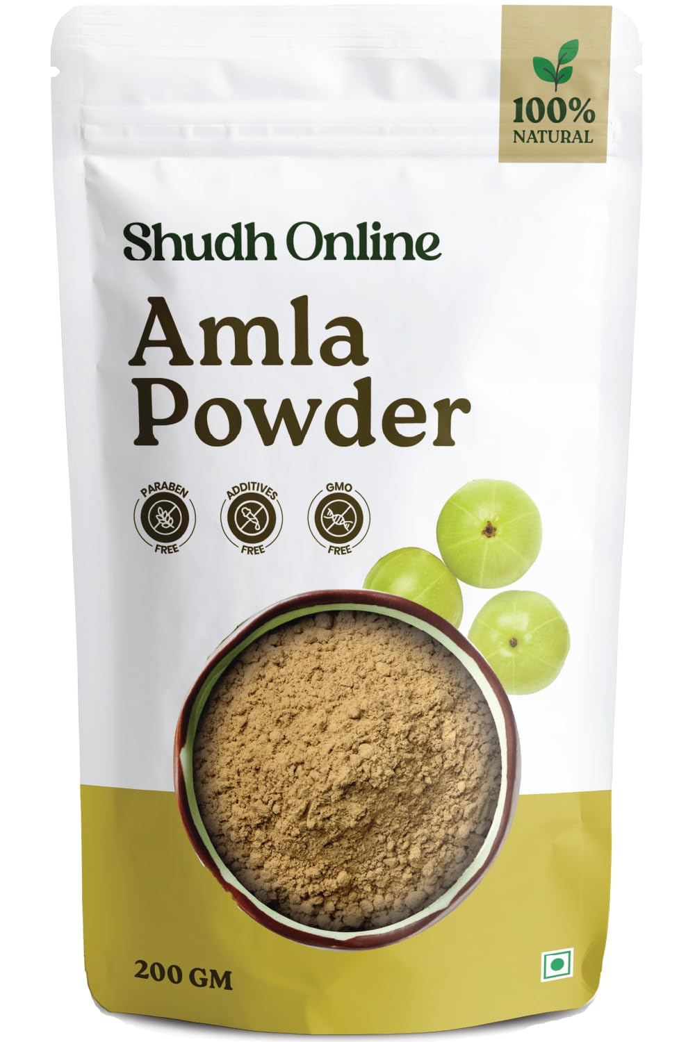 Shudh Online front packaging showing organic amla powder for freshness