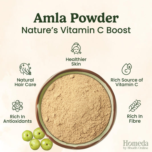 Shudh Online fine amla powder texture highlighting smooth mixing benefit