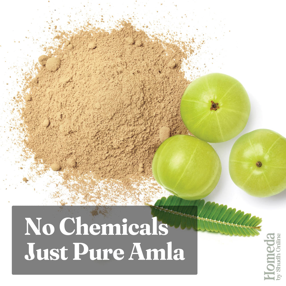 Shudh Online amla jar beside a scale showing accurate 7 oz portion