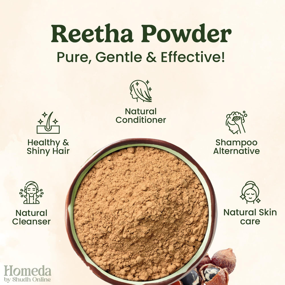 Shudh Online closeup of reetha powder texture, natural fine grind benefit