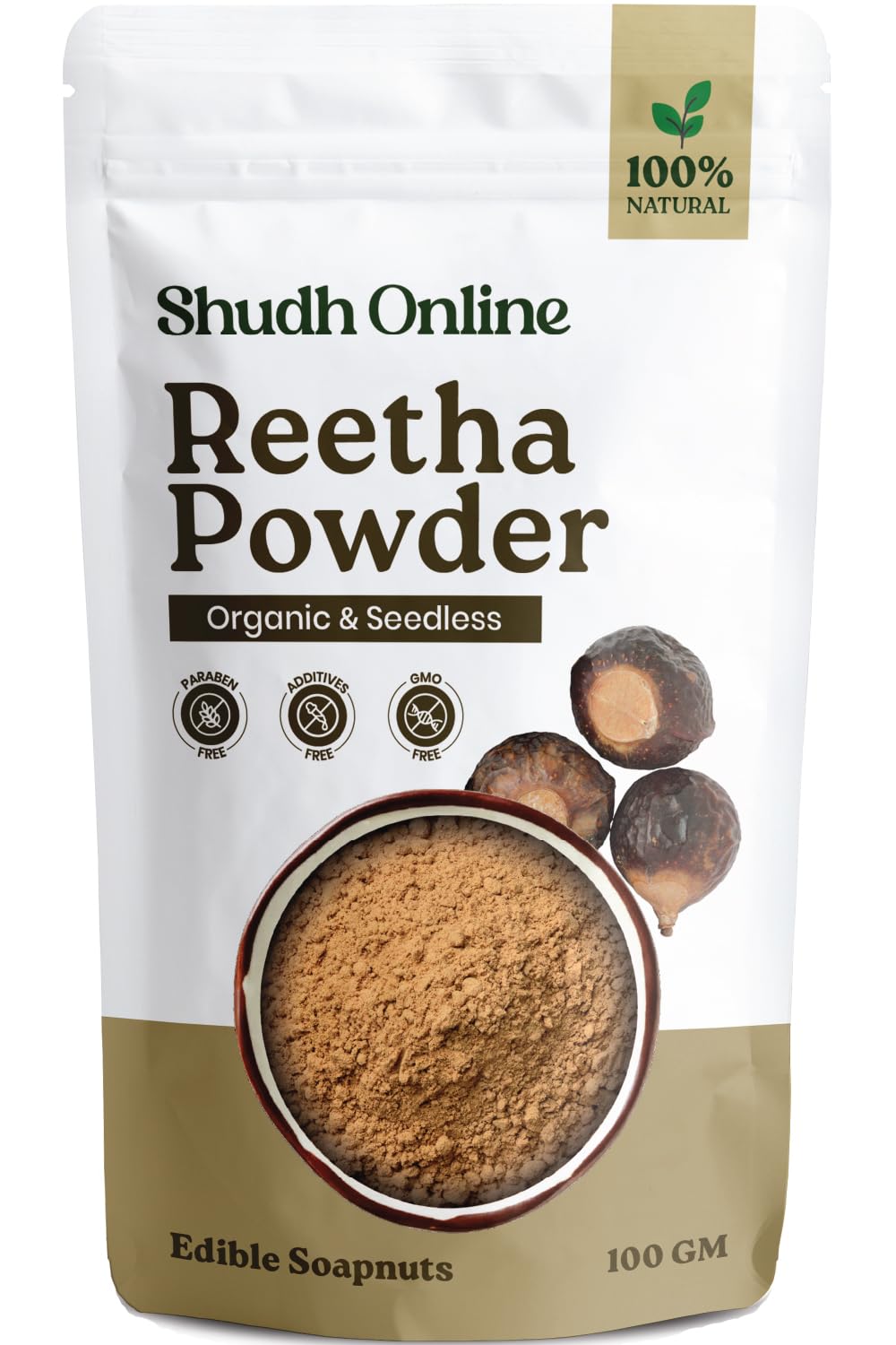 Shudh Online front pouch showing Homeda Reetha Powder, clear product view benefits