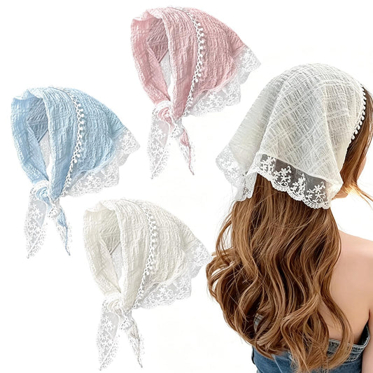 Shudyear front packaging showing three lace headscarves and easy selection benefit