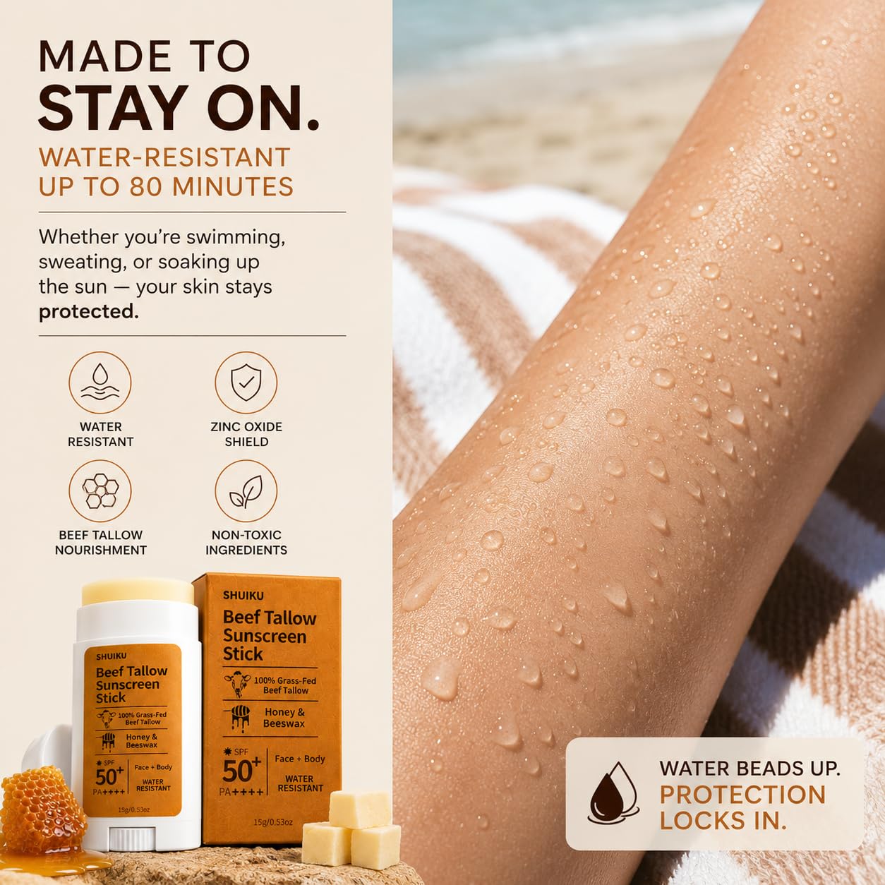 SHUIKU applied to face at beach offering convenient sun protection