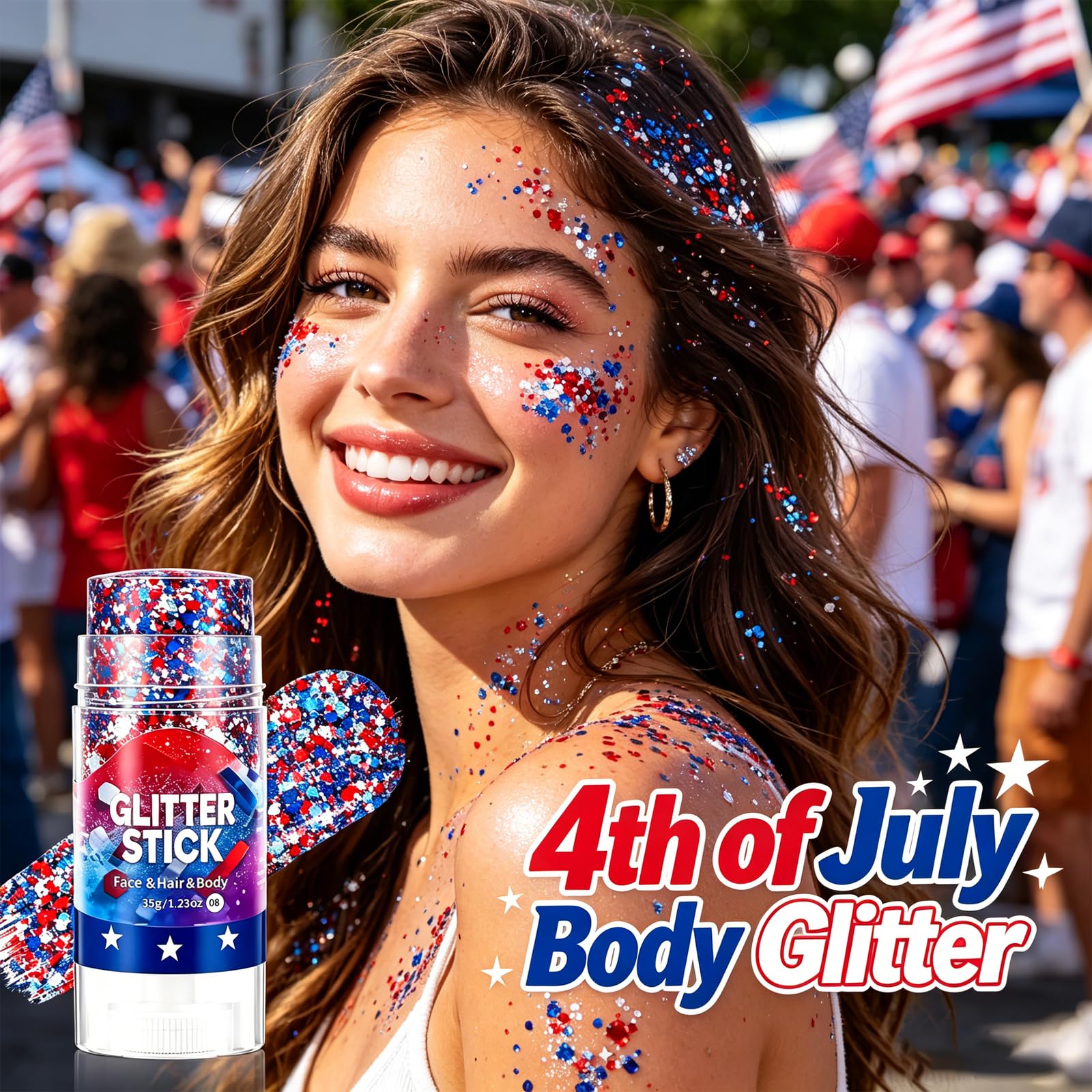SHUNSHI glitter streaks on cheek in red white blue, instant festive look