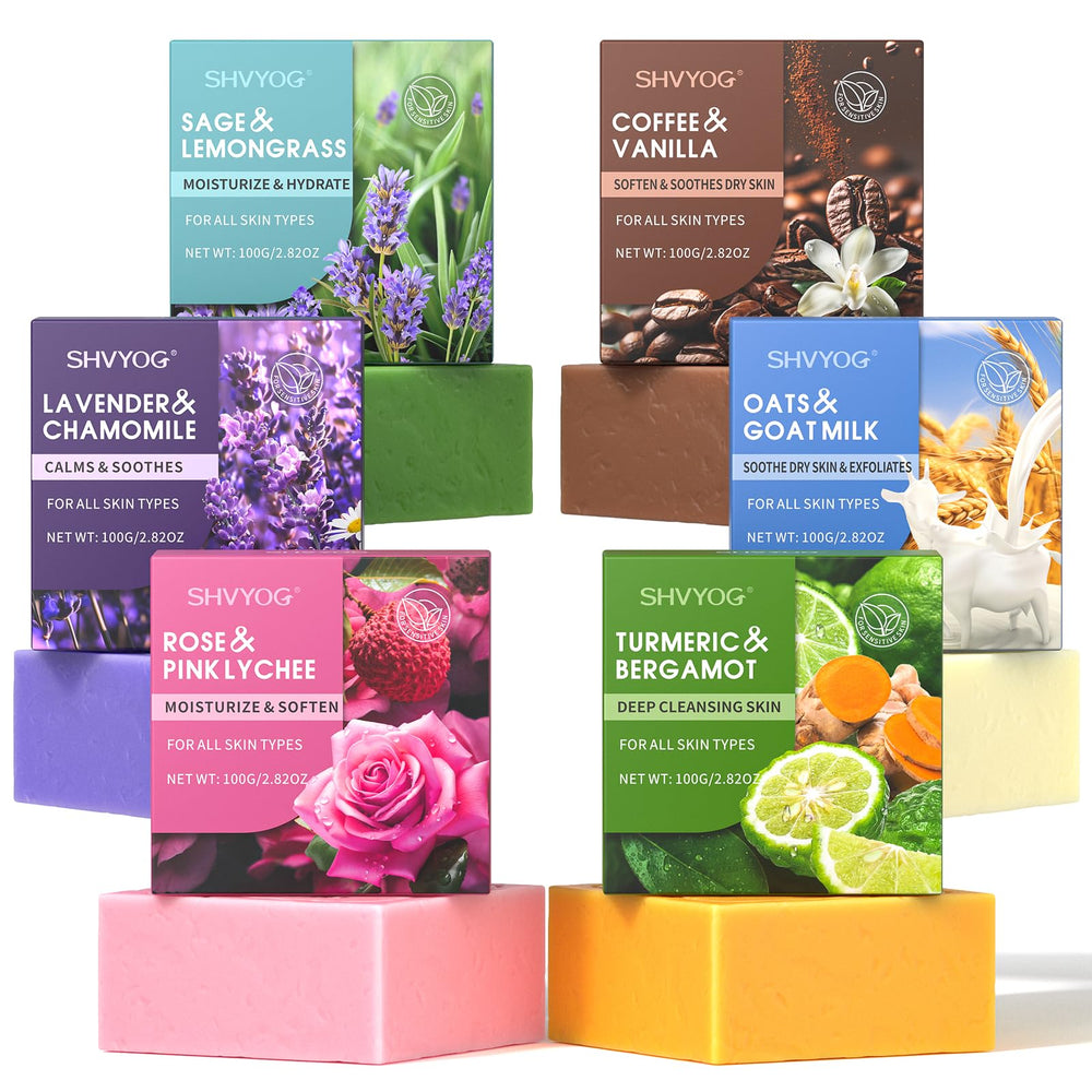 SHVYOG front box packaging showing six wrapped soap bars and gift-ready presentation