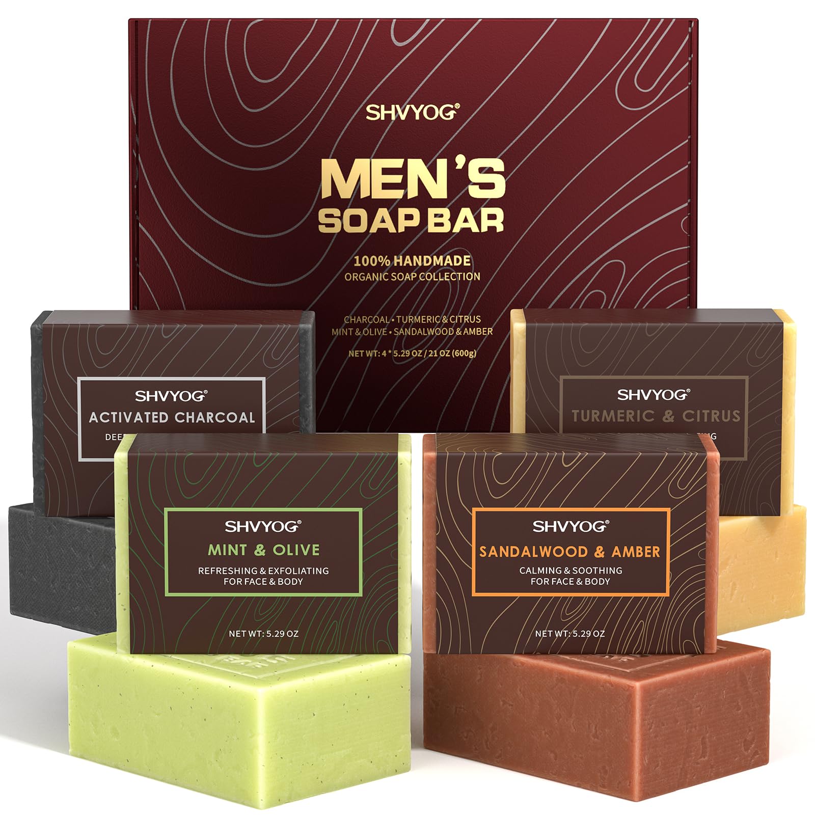 SHVYOG packaging showing four mens soap bars and gift presentation