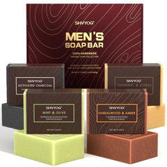 SHVYOG packaging showing four mens soap bars and gift presentation