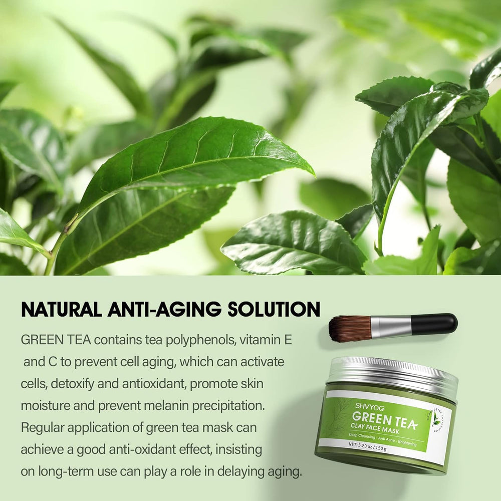 SHVYOG flatlay of green tea and aloe ingredients emphasizing natural blend
