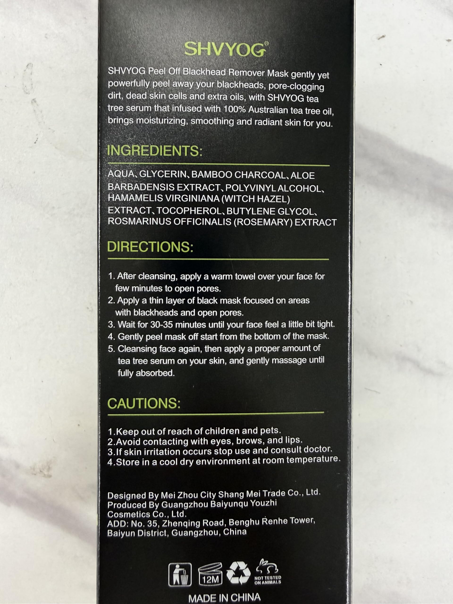 SHVYOG ingredients label with bamboo charcoal emphasizing natural actives