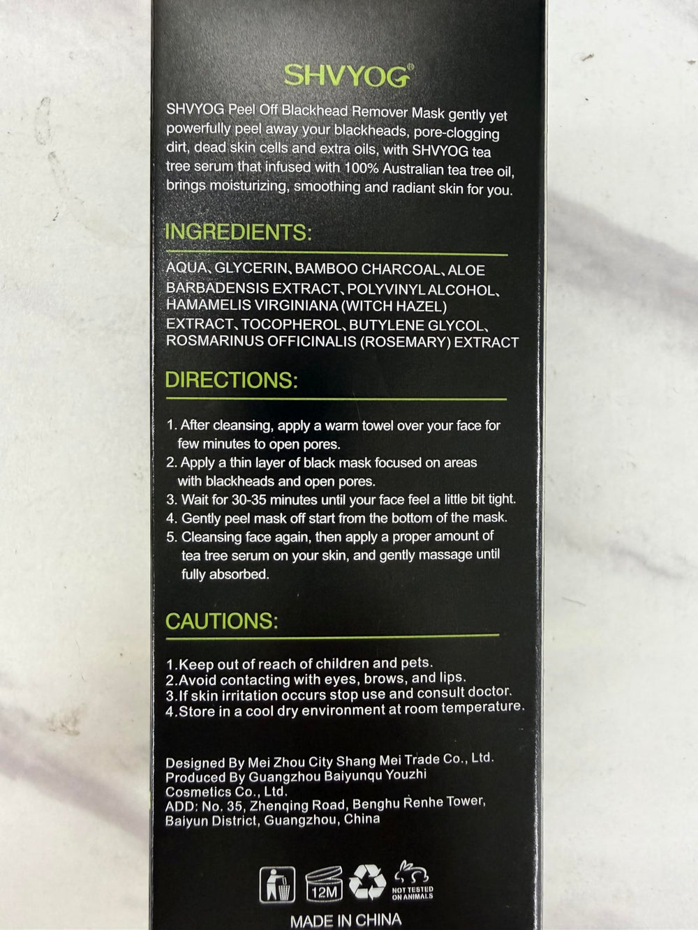 SHVYOG ingredients label with bamboo charcoal emphasizing natural actives