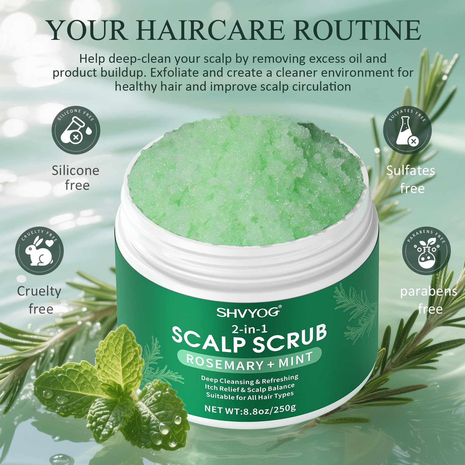 SHVYOG rosemary and peppermint ingredients displayed to signal botanical freshness and scalp vitality