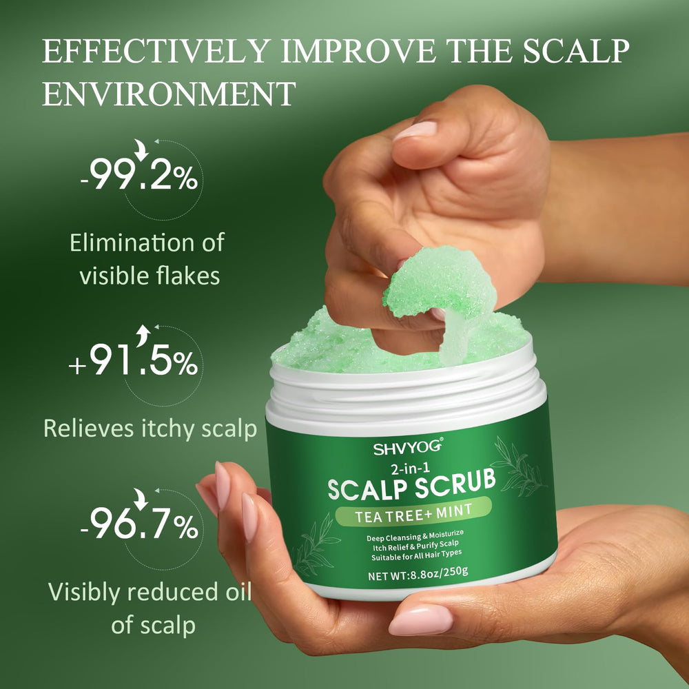 SHVYOG scalp scrub being applied to roots illustrating targeted exfoliation and soothing effect