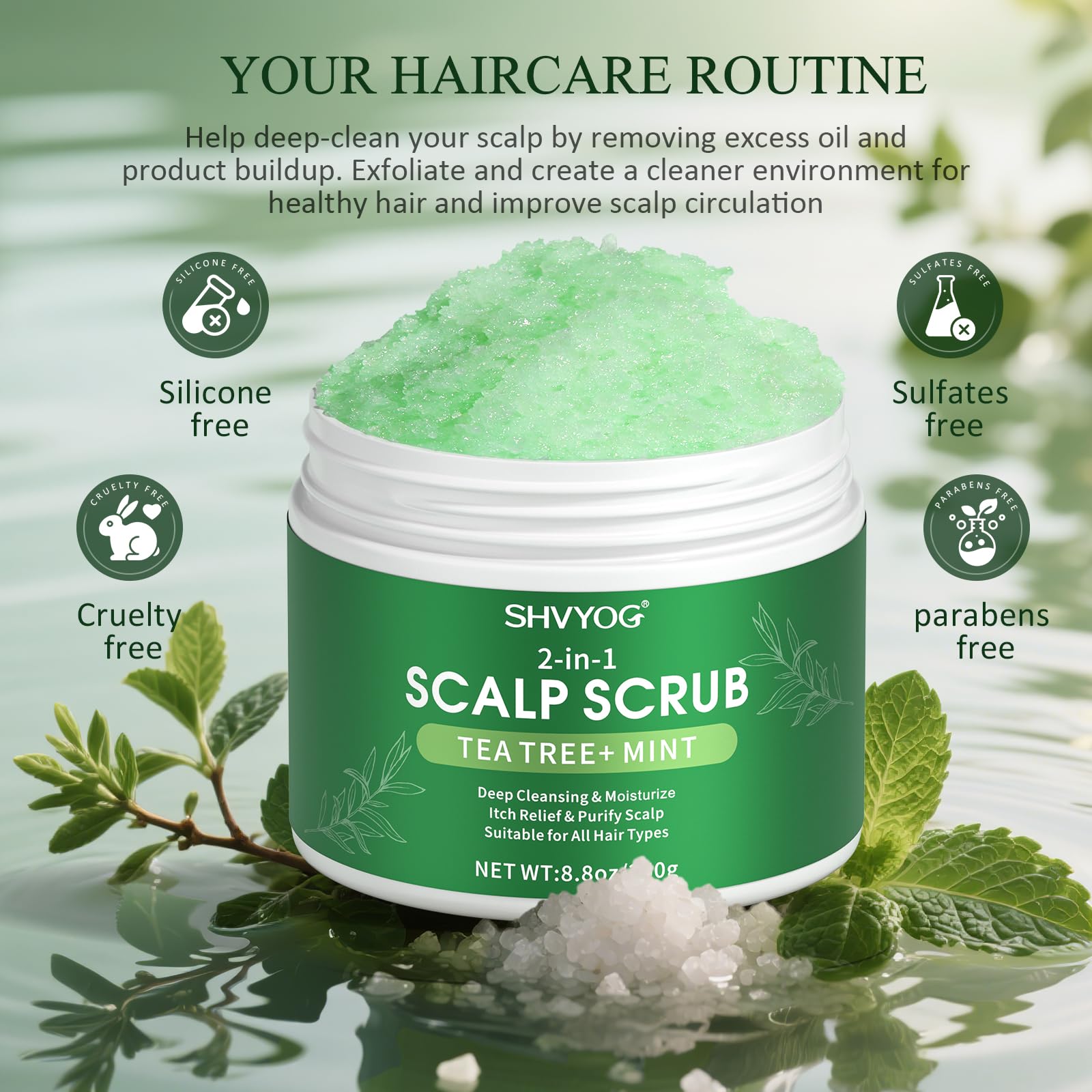 SHVYOG scalp scrub jar next to credit card for size comparison showing compact travel-friendly size