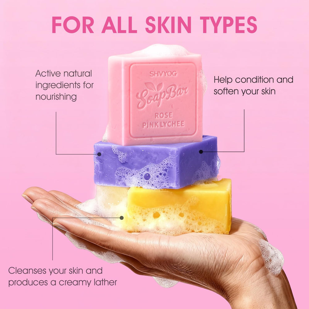 SHVYOG soap scale with hand illustrating 100g bar size and lasting usage