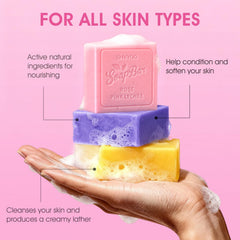 SHVYOG soap scale with hand illustrating 100g bar size and lasting usage