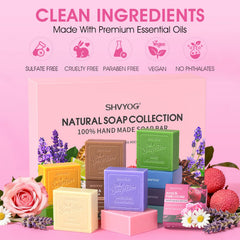 SHVYOG soap with ingredients layout showing oat, goat milk, turmeric for nourishment