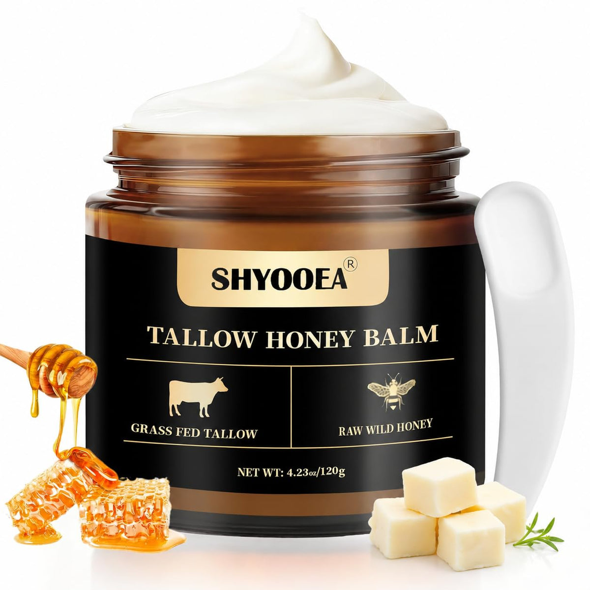 SHYOOEA front jar view showing balm and label for clear product identification