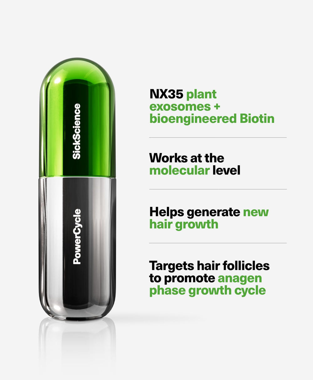 Applying SickScience PowerCycle to scalp at part line, illustrating targeted daily use benefit