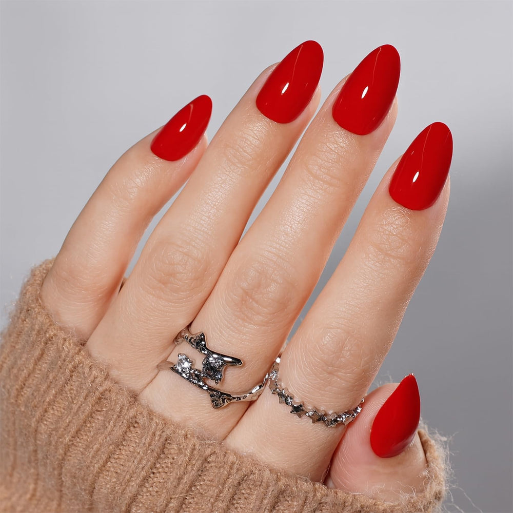 Sifvoo front packaging showing red almond press-on nails and kit contents for immediate styling