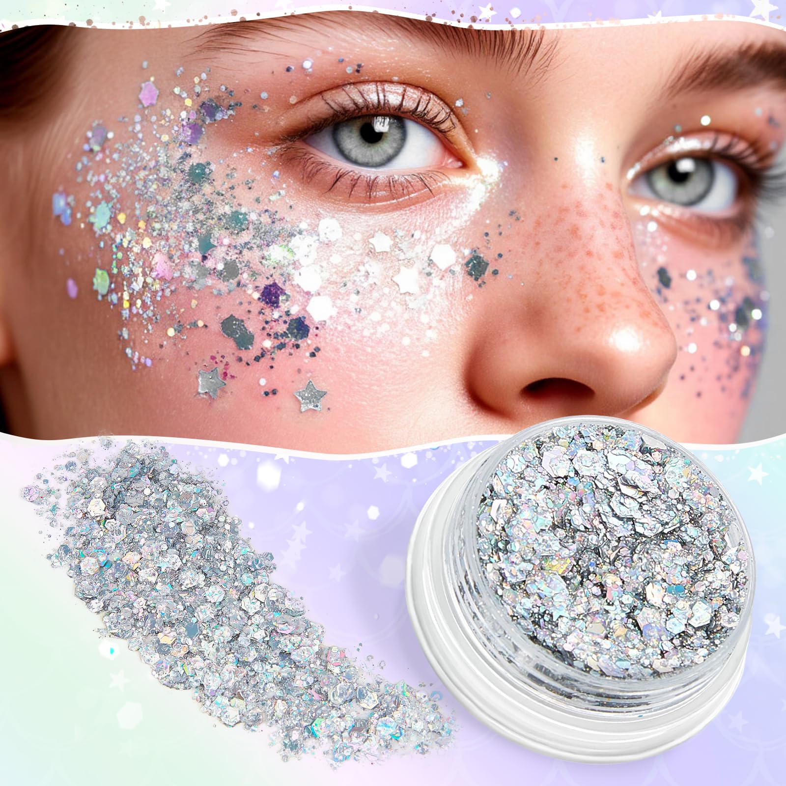 Sightor open glitter gel jar with star sequins showing sparkle effect
