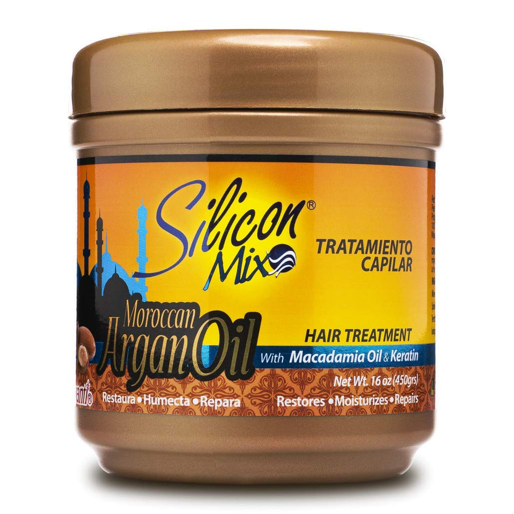 Silicon Mix jar front view showing argan formula for added shine