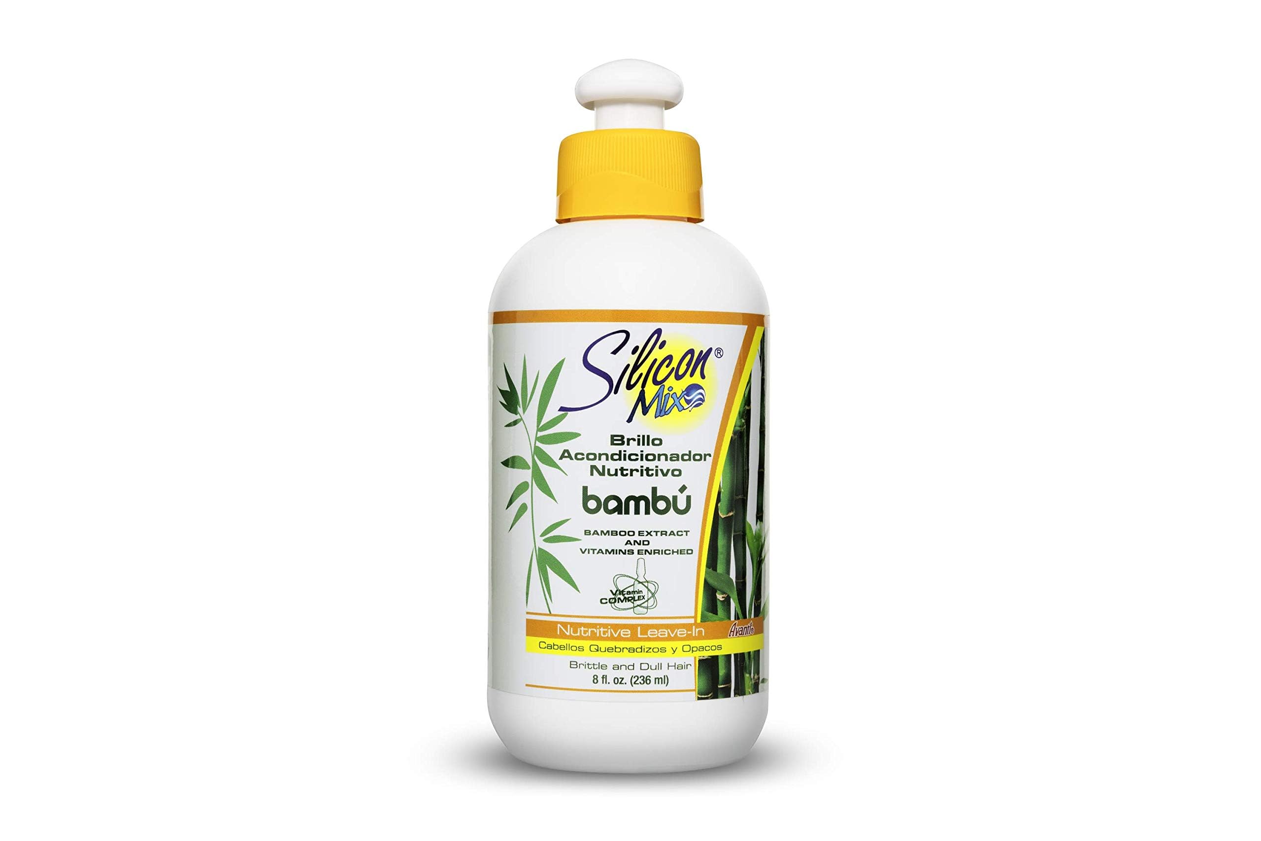 Silicon Mix bamboo leave-in front bottle showing label and benefits