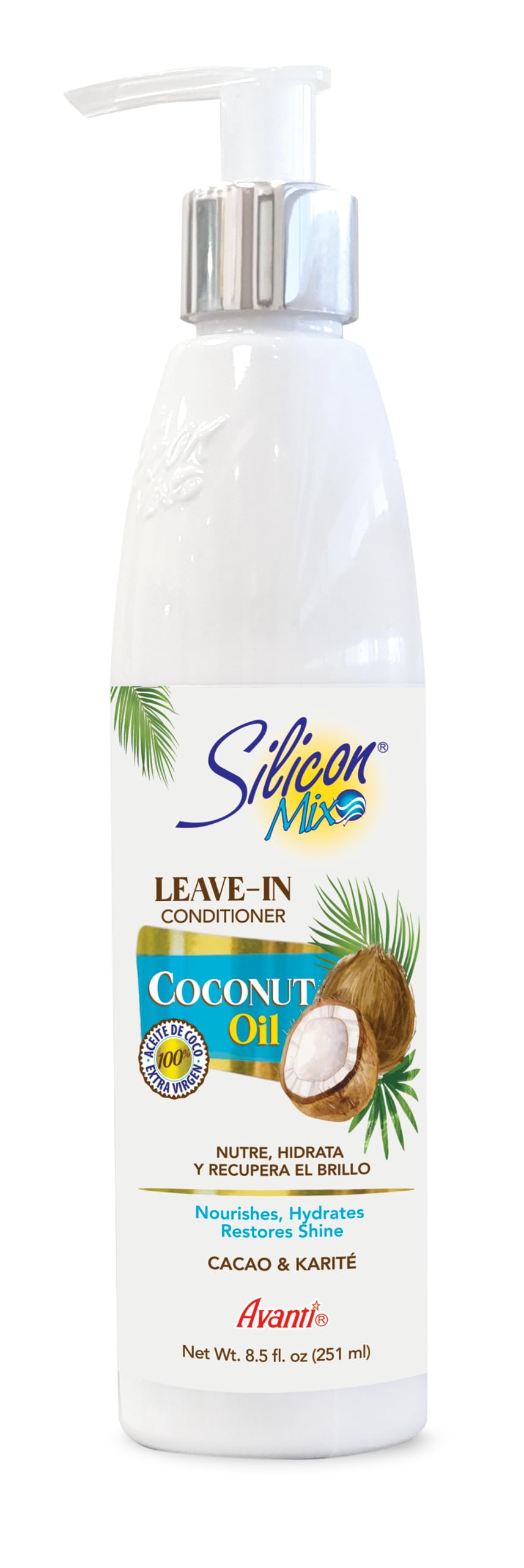 Silicon Mix front bottle view showing label, coconut oil benefits and easy application