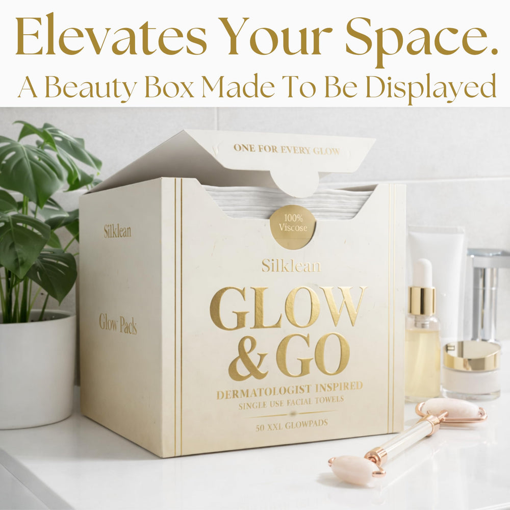 Silklean towel on bathroom counter in routine setting promoting clean-beauty convenience