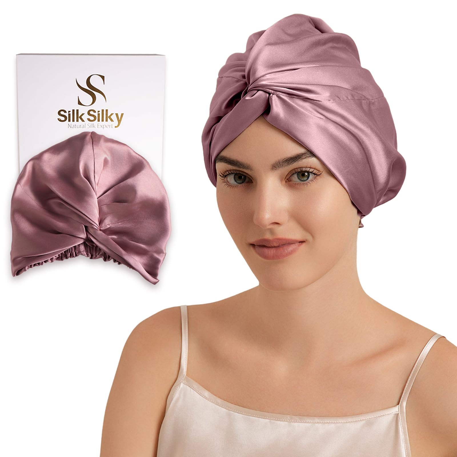 SilkSilky pale mauve bonnet front view, smooth protection for hair